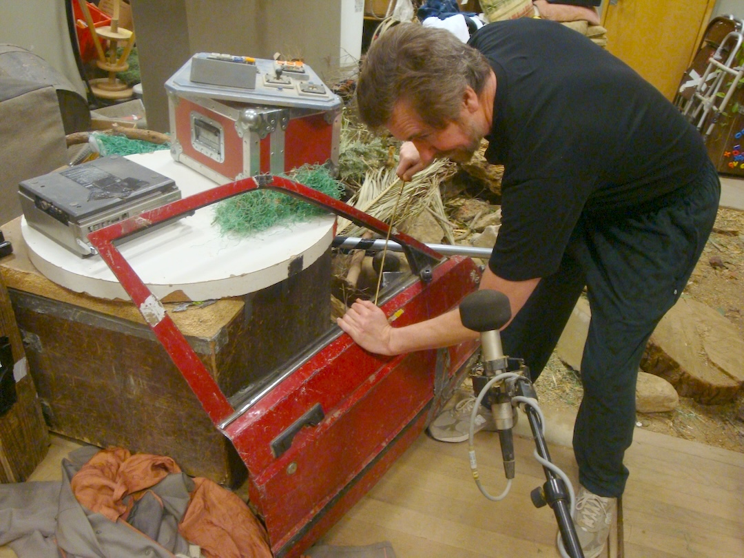 Foley artist Dan O’Connell finds the perfect sound for a Curly ear-turn, twisting a metal shoehorn against an old Honda car door on the Fox Foley stage. Photo: Matt Hurwitz.