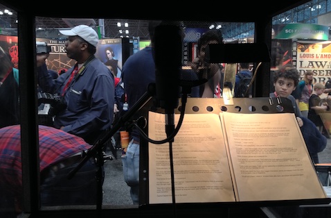 A mic's-eye view inside the Penguin Random House Audio recording booth at New York Comic Con.
