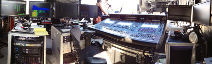 Sporting six screens, the sizable FOH position on Linkin Park’s tour is centered around a DiGiCo SD7 console.