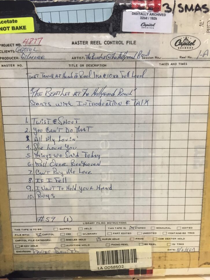 Tape box for first of two reels from “A” machine from the 1964 Hollywood Bowl recording, written by engineering assistant Billy Smith. Note “#59,” identifying which of Capitol’s Ampex 300 3-track recording machines was used. PHOTO: Courtesy of Apple Corps.