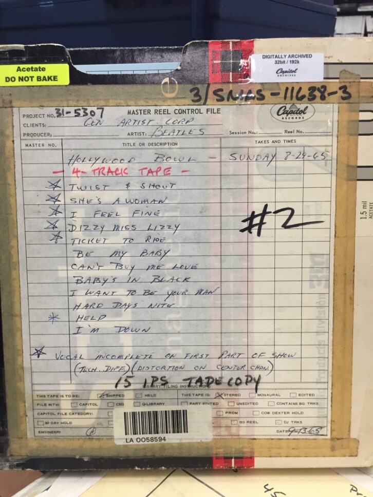 Box from August 29, 1965, signed by engineer Hugh Davies, indicating tracks with vocal dropouts at start of the show. PHOTO: Courtesy of Apple Corps.