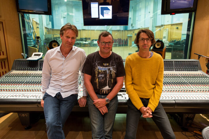 The Abbey Road sound restoration team of, from left, audio producer Giles Martin, deMix programmer James Clarke, and engineer Sam Okell.Abbey Road Studio