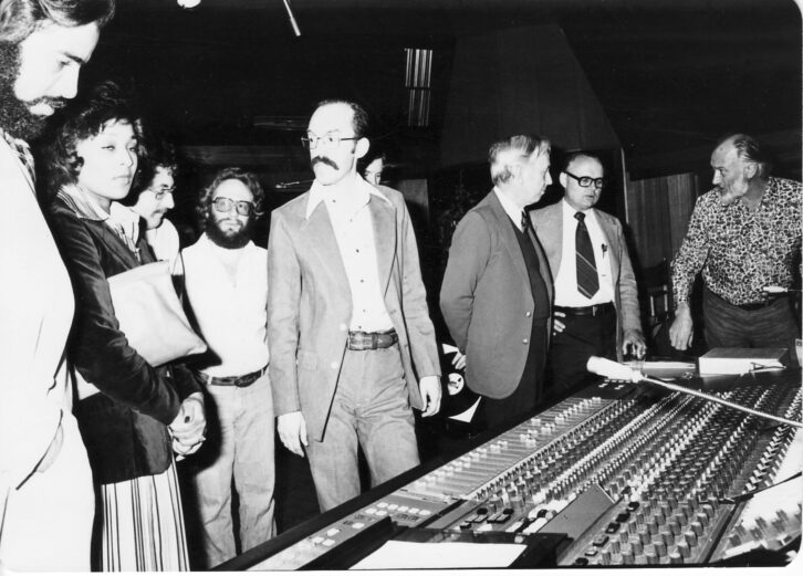 Hugh Davies (far right) and Bob Norberg (center, mustache) demonstrate Capitol Studios’ then-new Neve console, 1980.