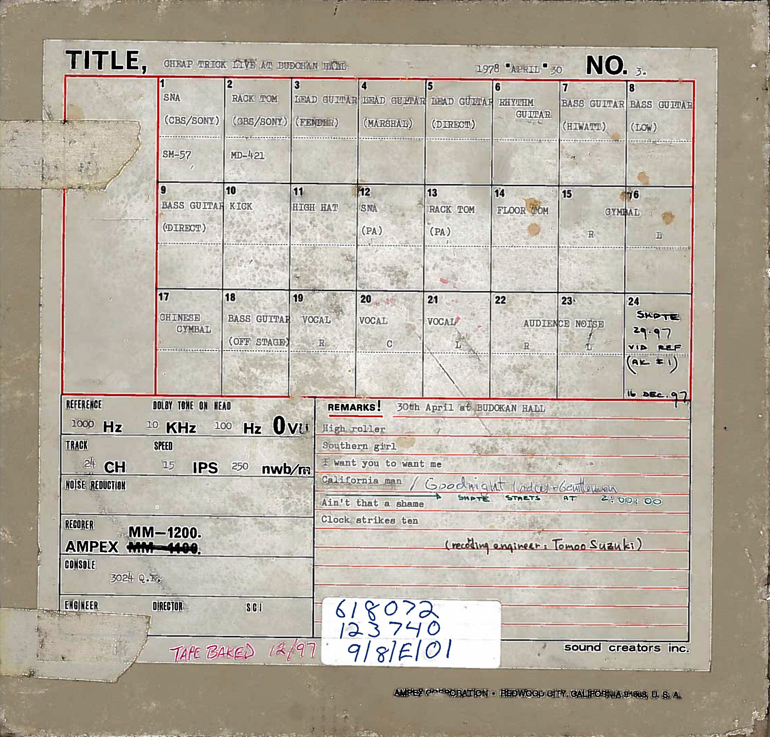 Track sheet from the third reel from the April 30 Budokan show, showing Japanese engineer Tomoo Suzuki’s track layout.PHOTO: Courtesy Sony/Legacy Recordings