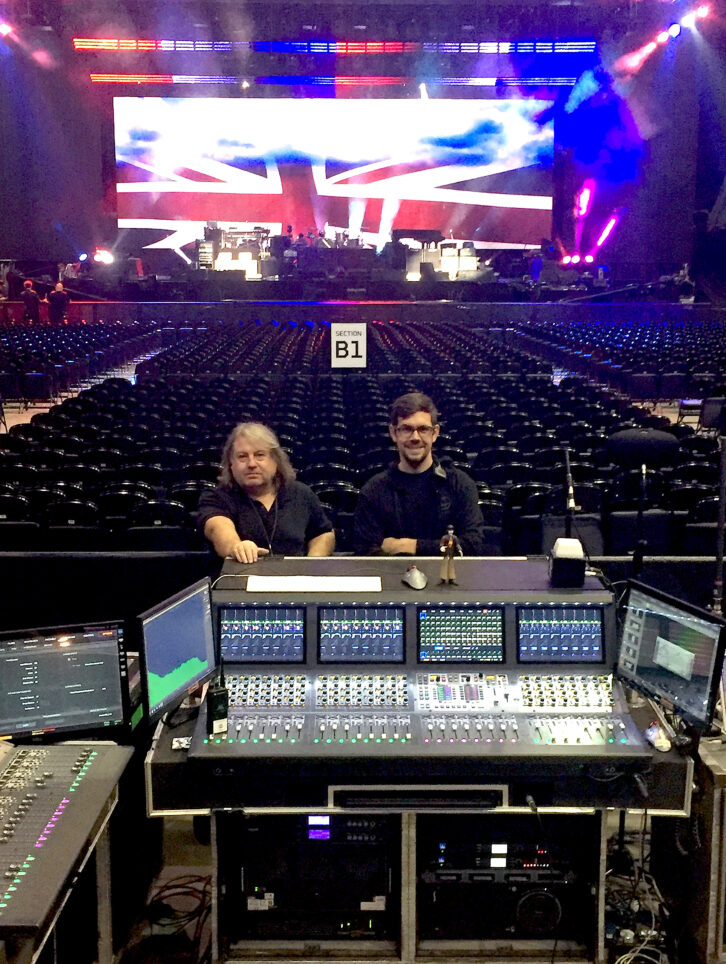 FOH engineer Paul “Pab” Boothroyd (left) and system engineer Andrew Dowling pause behind the Avid S6L consoles at front of house.