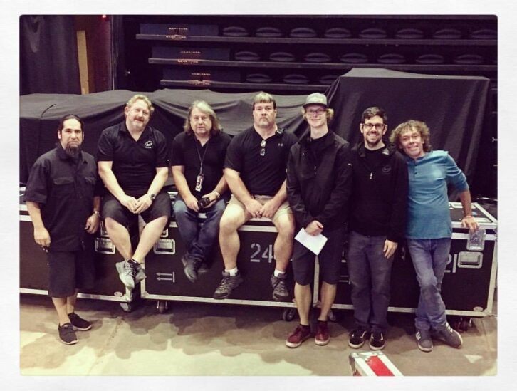 The gang behind the Band on the Run: (l-r) tech Sean Baca; monitors system engineer Paul Swan; FOH engineer Paul “Pab” Boothroyd; techs James Ward and Nathan Sonnenberg; system engineer Andrew Dowling; and monitor engineer John “Grubby” Callis.