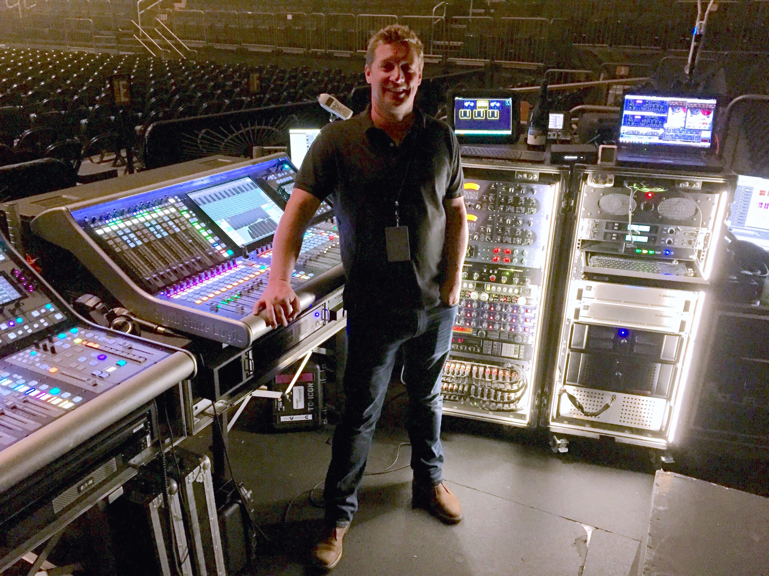 Antony King mans an SSL L500 Plus console at FOH for Depeche Mode. Photo: Clive Young, Future.