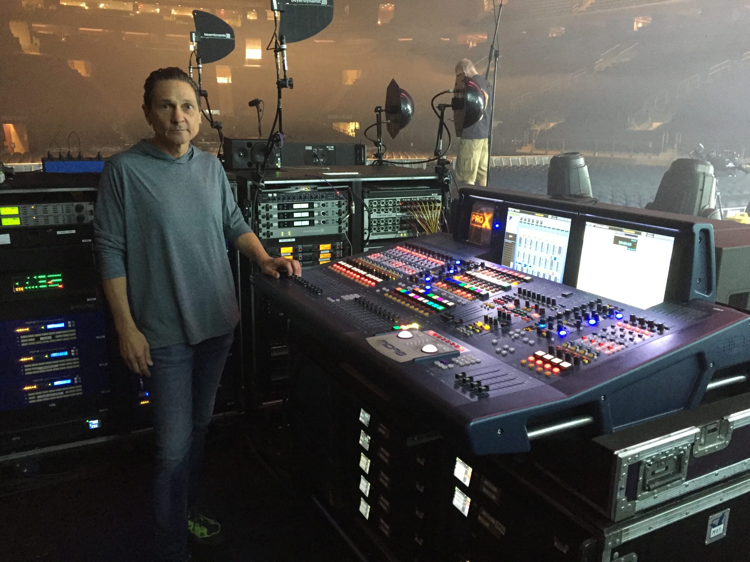 Sarne Thorogood, monitor man for Depeche Mode for 20 years, oversees a Midas ProX desk at stageside. Photo: Clive Young, Future.
