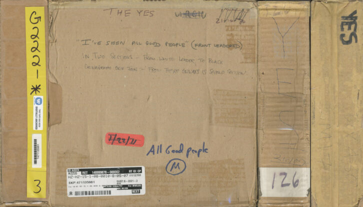 Original tape box for “I’ve Seen All Good People” – Note Eddy Offord’s handwritten notation, identifying where the break between “Your Move” and “All Good People” occurs