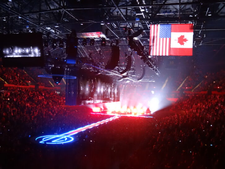 Hangs of Clair CO-12s hang around the perimeter of the arena, alternating the left-right stereo feeds so that audiences get a stereo image no matter where they sit.