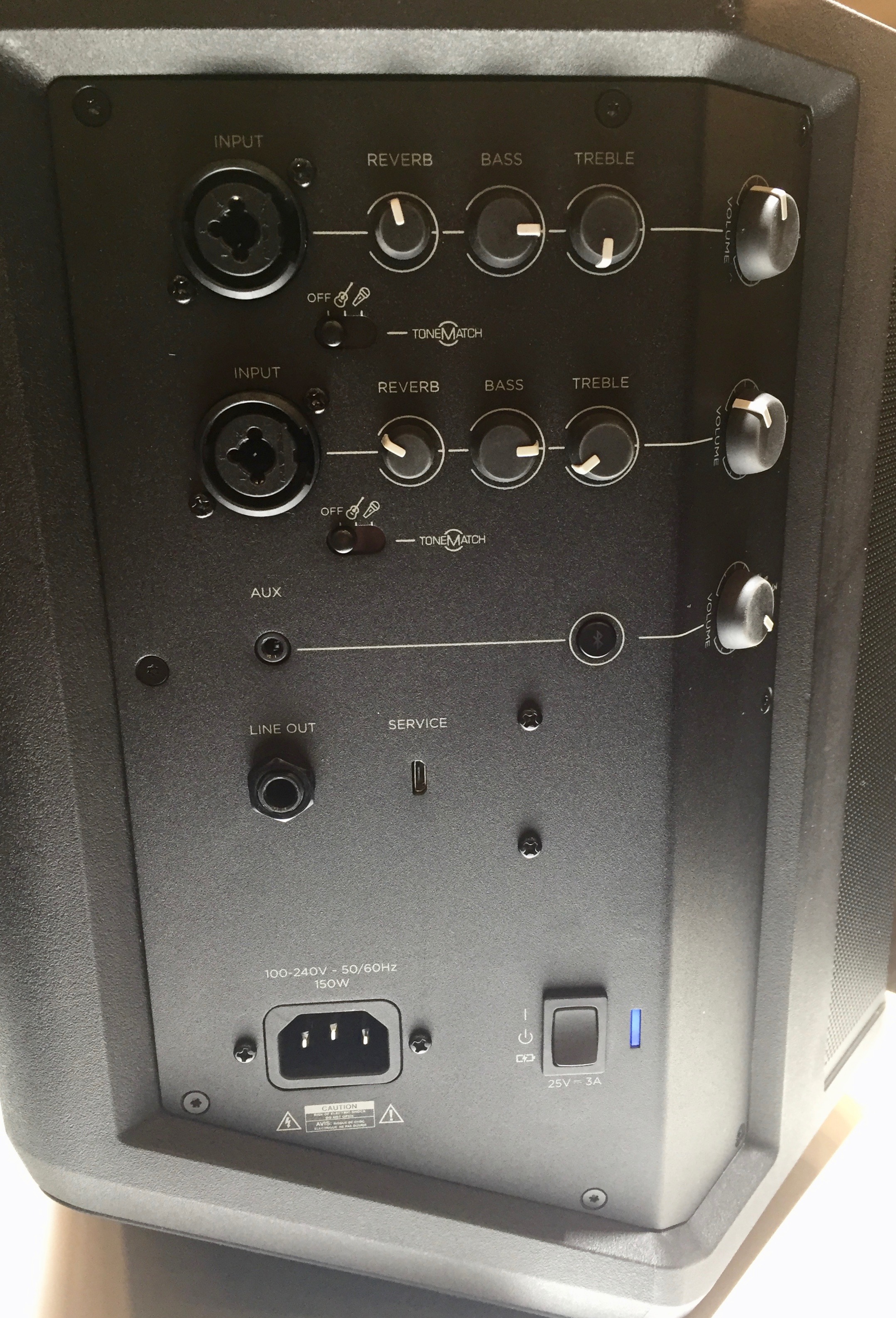 The Bose S1 Pro has a three-channel mixer built into its side.