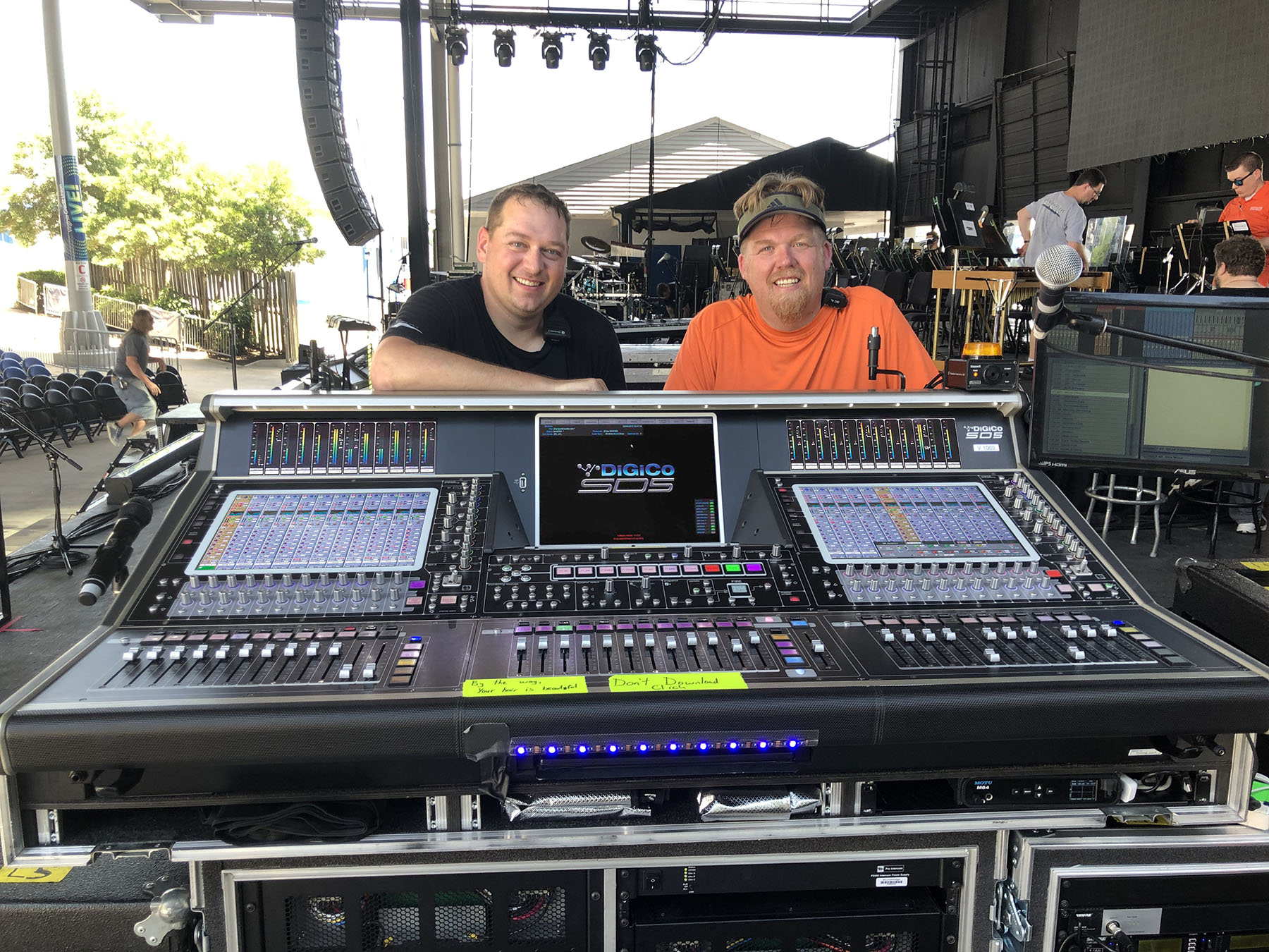 Monitor engineer Dana Beaudin (left) and FOH engineer “Big Al” Rettich (right) behind the DiGiCo SD5 monitor console provided by Sound Image.