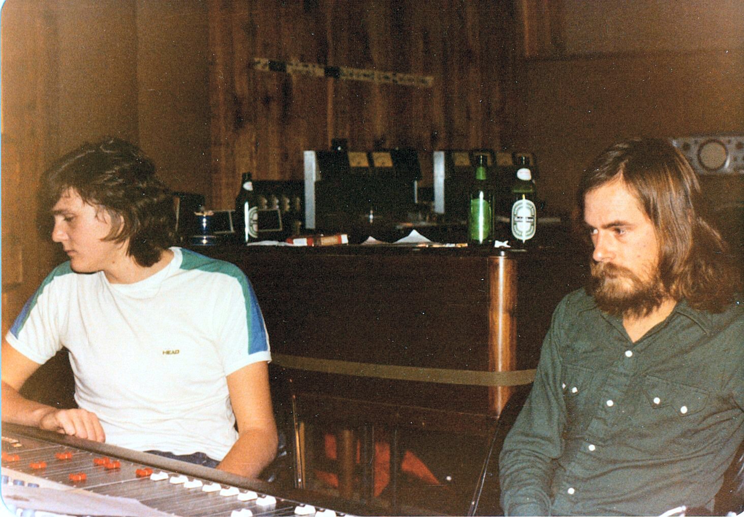 Engineer Peter Henderson, left, and Supertramp bassist Dougie Thomson at Caribou’s original Neve Melbourne console during tracking. Photo: Tom Likes.