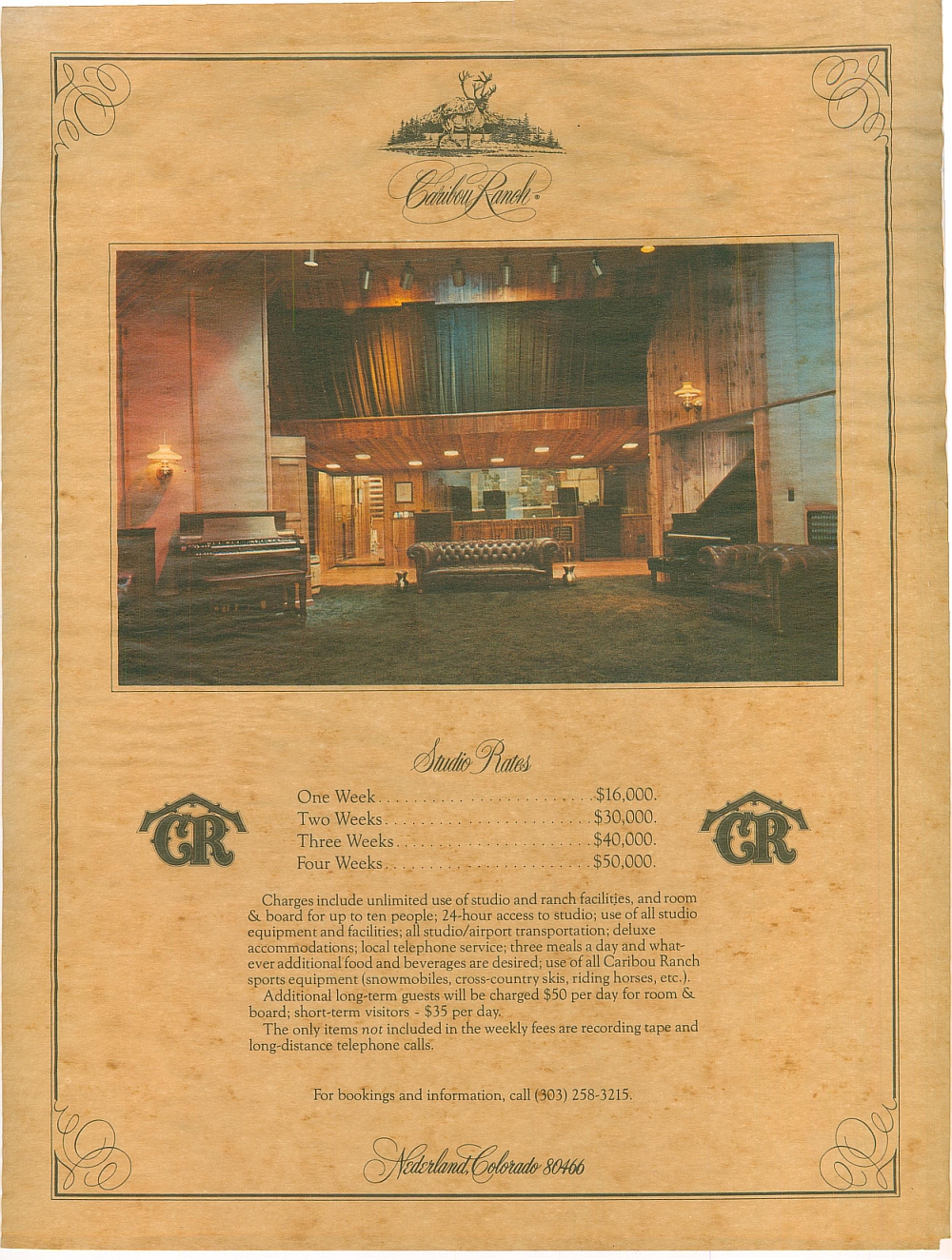 Caribou Studios rate card, showing the studio interior, looking northward toward Control Room. Note piano cove on far right, parquet floor in front of Control Room window (where Siebenberg’s drums were tracked), and, through the doorway at left, the elevator in which Hodgson’s acoustic guitars were recorded. (Photo: Courtesy Tom Likes)
