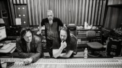 Engineer Richard Chycki, left, with Dream Theater producer/guitarist John Petrucci and keyboardist Jordan Rudess (standing) in the control room at Cove City.