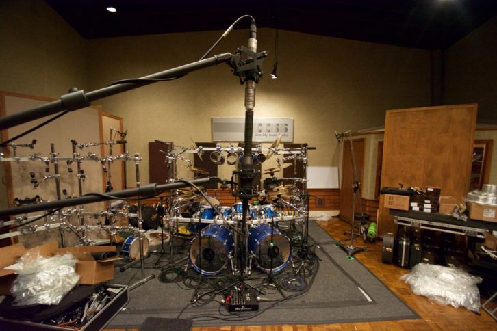 Mike Mangini’s complex drum kit, with Chycki’s equally complex mic setup at Cove City.