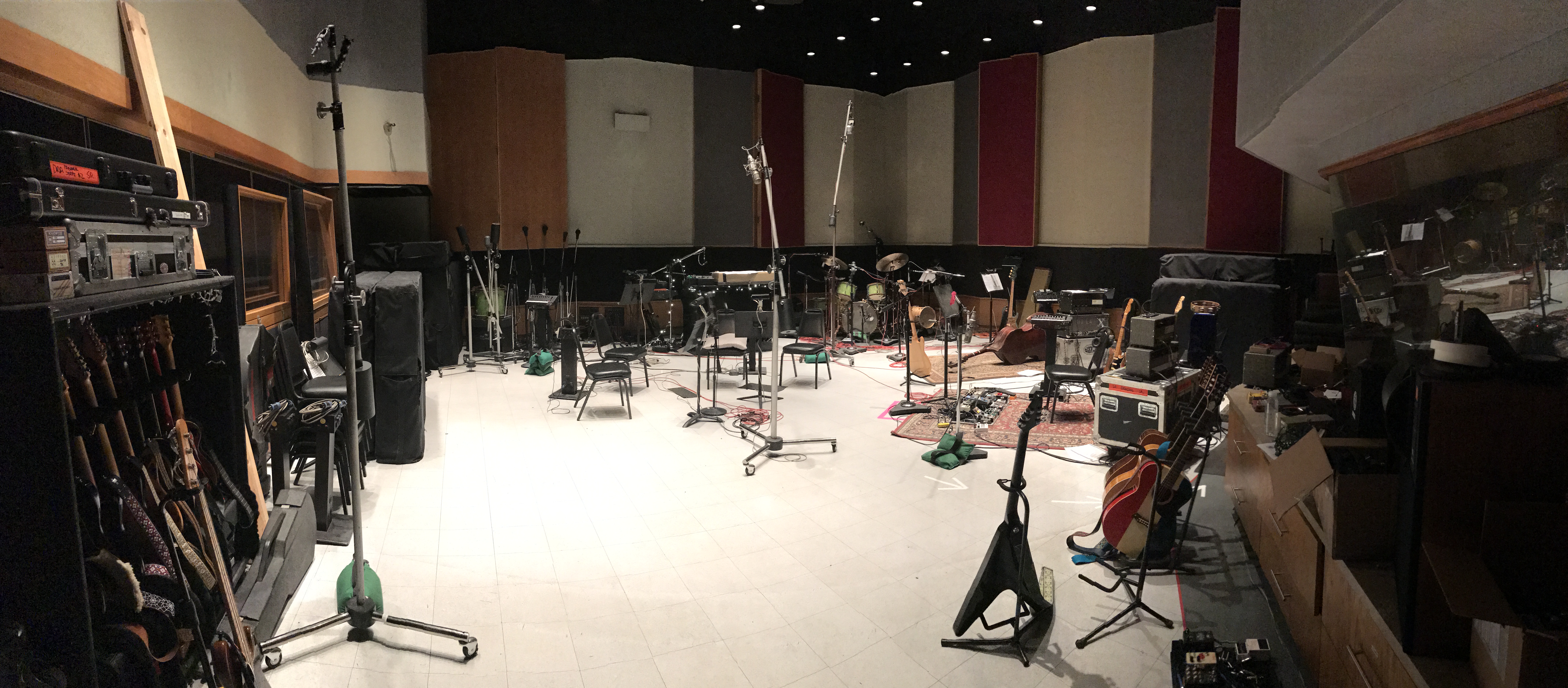 Capitol Studio B layout for the Ryan Adams-produced sessions, as seen from Lewis’ piano iso booth: Keltner’s drums are set up in the far right corner, Was’ basses to his left, Adams’ guitars to Was’ left, and Tench’s rigs to Keltner’s right, against back wall.
