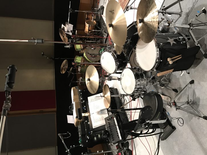 Ringo Starr’s Ludwig “Crystal Kit,” with Keltner’s DW drum rig beyond, with its multiple kick drums. Tench’s keyboard rig to the left.