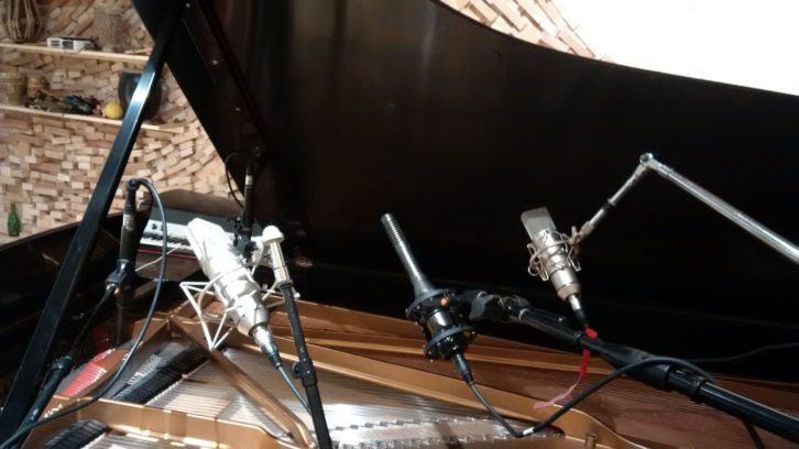 The Samurai Hotel’s 10-foot Steinway grand piano, miked by Chycki with a pair of Neumann U87s and a Royer SF-24 V ribbon mic, with Earthworks SR40s near the hammers.