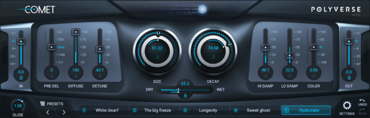 The main screen of Polyverse Music Comet, with its three main controls: Size, Decay and Wet/Dry balance.