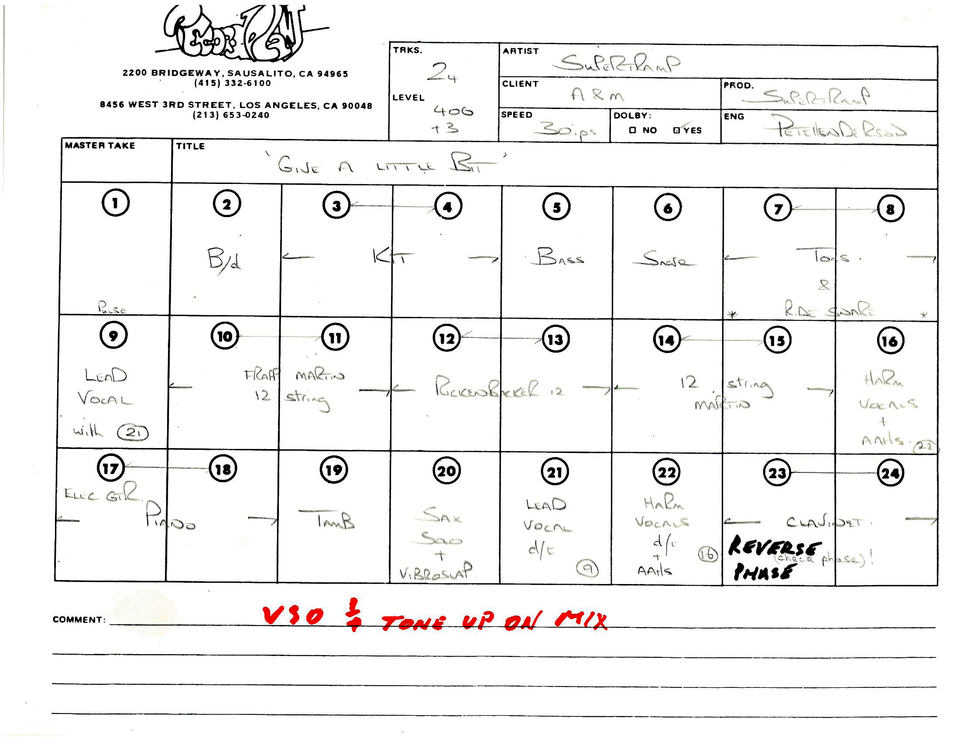 Engineer Peter Henderson’s track sheet for Reel 2 of recording/overdubbing on “Give a Little Bit,” which he copied from the original Caribou sheet onto a Record Plant blank upon arrival at the studio. (Courtesy Tom Anderson)