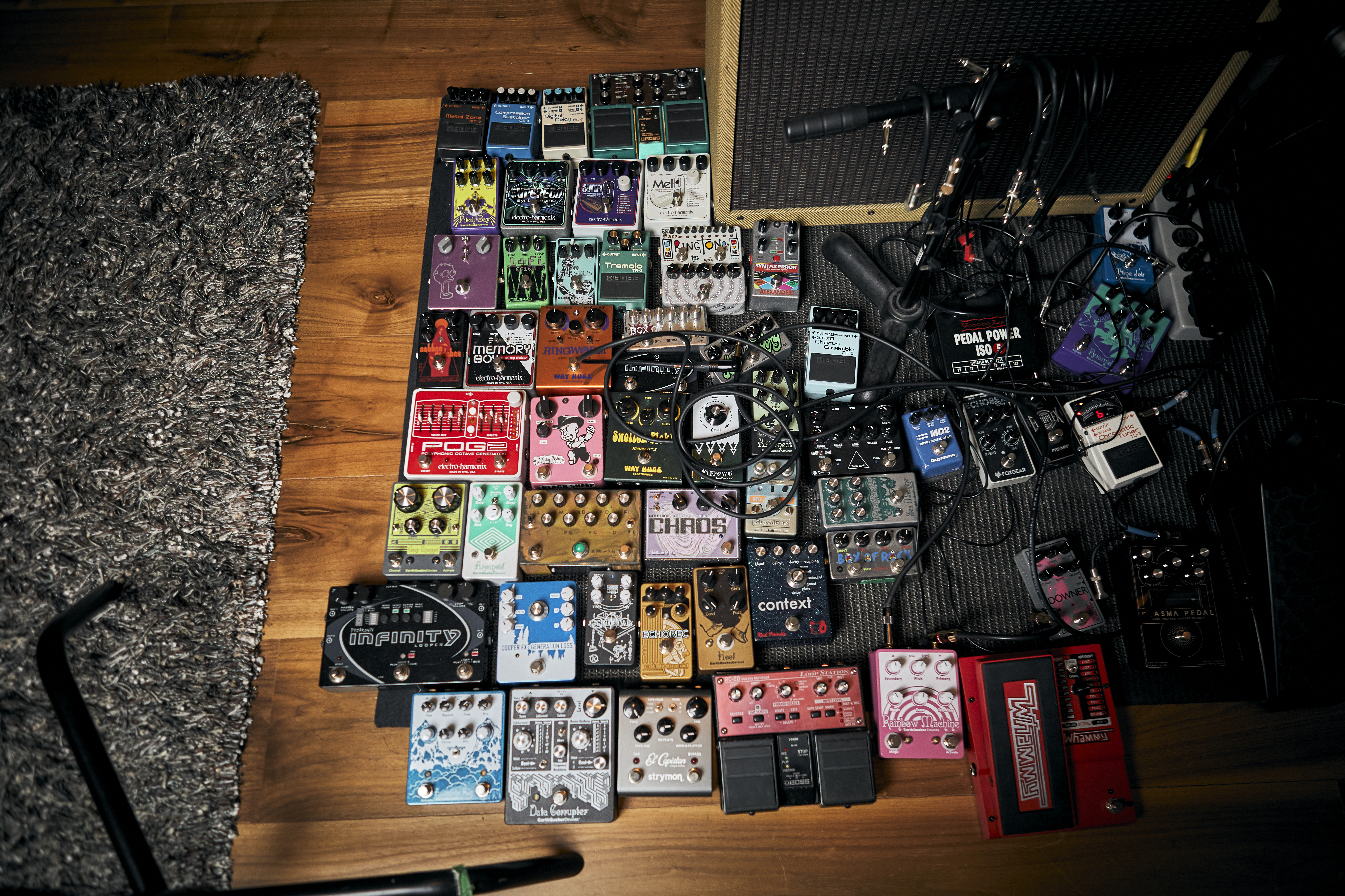 Now that’s a pedal board! Tyler Bates’ compositional “feel” and tones begins with guitar.