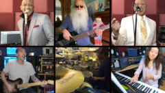 Re-creating the vibe of “Easy Lover” in their viral video are (clockwise from top left): Gussie Miller, Leland Sklar, Gussie Miller, Noriko Olling, Chad Wright and Jay Gore.