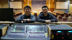 Good Shepherd Church audio team assistant manager Ji Hyeon-seok (left) and team leader, Kim Hyun-seok, with their new Allen & Heath Avantis console.