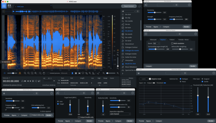 iZotope Rx Advanced 8 offers a number of modules for cleaning up spoken-word material, including (seen here) De-plosive, Spectral Repair, Voice-De noise, Dialogue De-reverb, Breath Control and Mouth De-click.