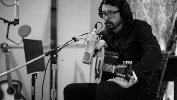 Foo Fighters leader Dave Grohl tracks an acoustic guitar on the remake of “Making a Fire” on January 13, 2020, the last day of work at the Encino house. Photo: Andrew Stuart