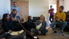 Chris Shiflett adds a guitar part to the remake of “Making a Fire” on January 13, 2020, the last day of work at the Encino house. From left: Dave Grohl, drummer Taylor Hawkins, bassist Nate Mendel, keyboardist Rami Jaffee, guitarist Pat Smear, drum tech/assistant Samon Rajabnik.