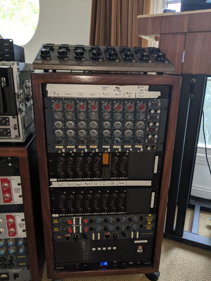 The outboard rack containing the band’s collection of Neve and API mic preamps, used to craft the Foos’ sound.