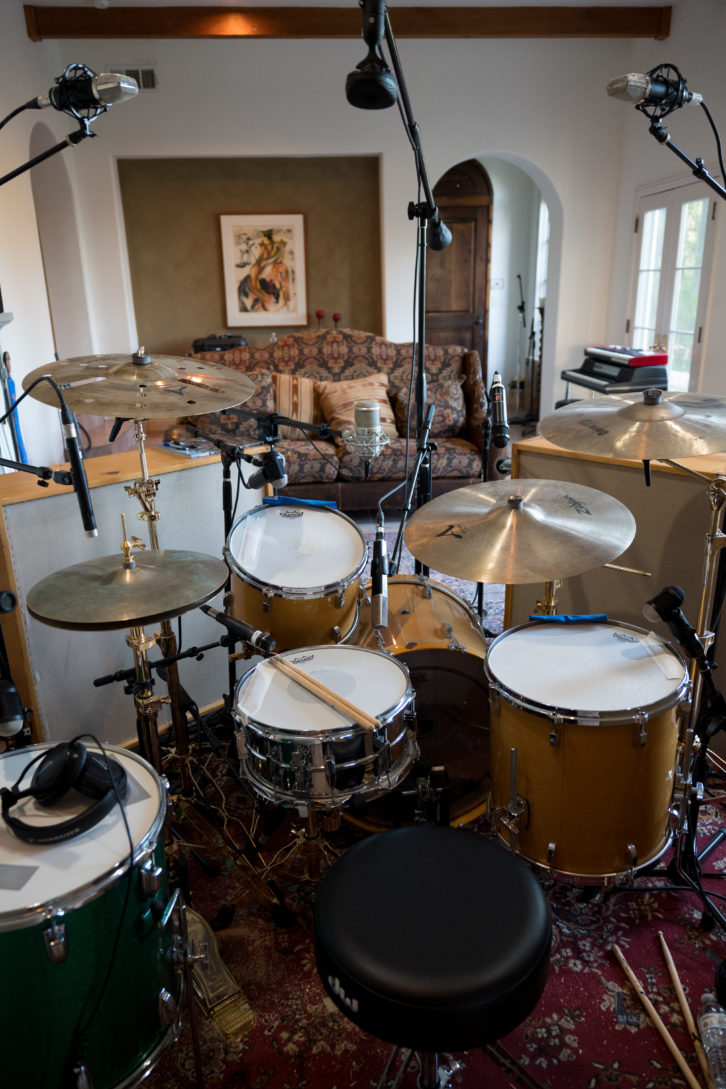 The “Leedy” drum kit, set up in the living room of the Encino house, with Thorp’s and Pasco’s unique mic arrangement.