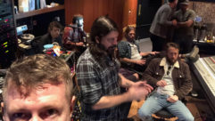 Darrell Thorp takes a selfie at work in Henson Studios Studio A Control Room in January 2020. Fom left: Thorp, Greg Kurstin, Alex Pasco, Dave Grohl, Taylor Hawkins, Chris Shiflett (at console), Alastair Christie, Samon Rajabnik (in hat).