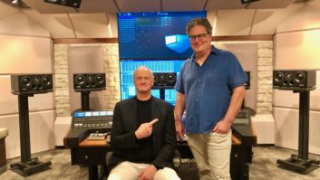 Studio designer Carl Tatz (seated) and Dolby Laboratories director of Content Dan Sperry in the new PhantomFocus MixRoom installed with a 9.1.4 Dolby Atmos sound system