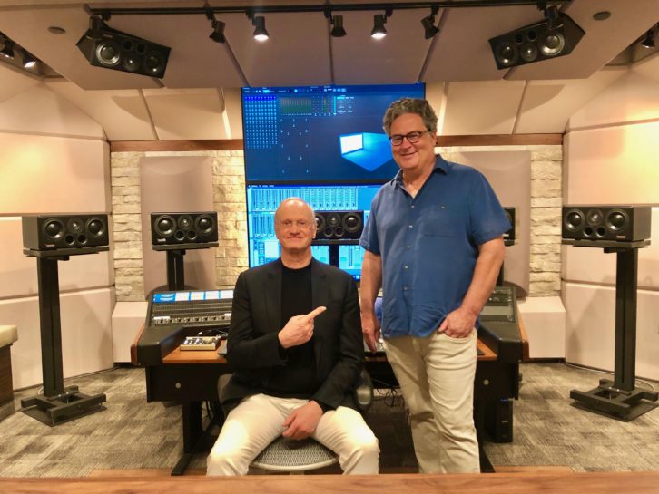 Studio designer Carl Tatz (seated) and Dolby Laboratories director of Content Dan Sperry in the new PhantomFocus MixRoom installed with a 9.1.4 Dolby Atmos sound system