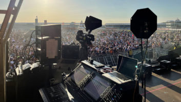 Monitor engineer Scott Maxwell's view at Anne-Marie's set during the 2021 Pirelli British Grand Prix.