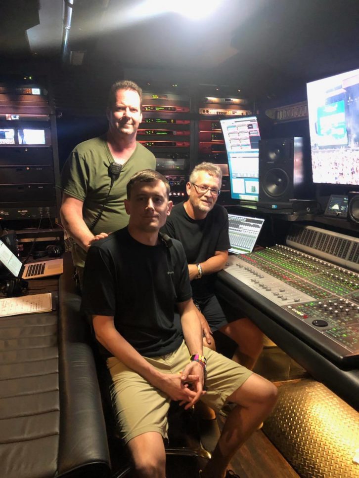 In the American Mobile Studio truck, which provides the streaming audio for Hulu from the T-Mobile stage, standing: Mike White, A2 stage; and seated, from left, Jonathan Lackey, A2 stage, and Chris Shepard, engineer in charge. 
