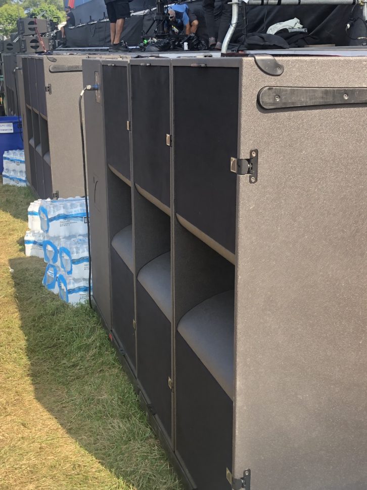 The L-Acoustics subwoofer line across the front of the main stage, in eight zones of four boxes each. Six of the zones were in 3-1 cardioid. 