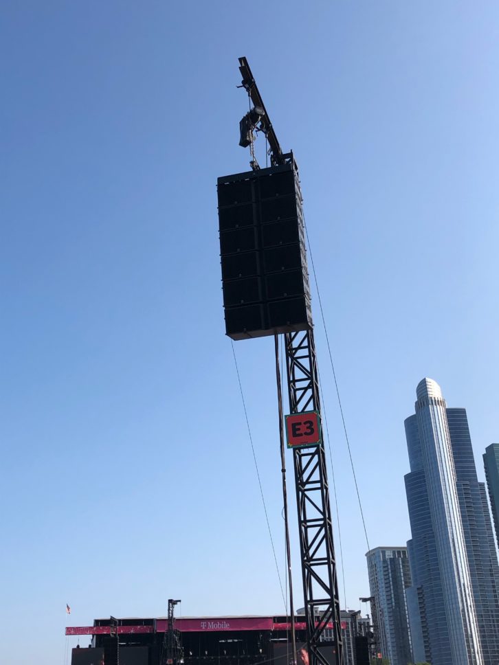 The second row of delay towers on the T-Mobile stage, with six L-Acoustics K2s per side. Mix found the transition between zones, with 60,000 fans in the audience, to be seamless, and never noticed a dip.