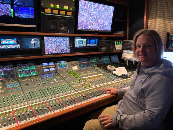 Kevin Caslow, senior A1 for Springboard Festival Audio, at the Calrec Alpha console—the final ‘mastering’ and level check for all the main stages in the NEP truck before heading out to VIVX for transmission to Hulu. 