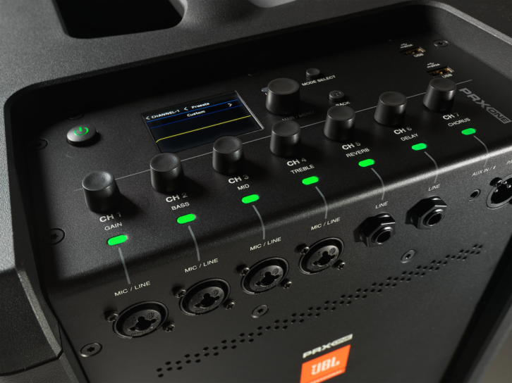 The PRX ONE’s Soundcraft-designed 7-channel, dual-mode digital mixer.