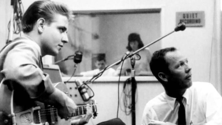 Eddie Cochran and Jerry Capehart at the ‘Summertime Blues’ session at Gold Star Studios. Engineer Larry Levine is visible behind the control room window, along with Cochran’s girlfriend, songwriter Sharon Sheeley, who wrote Ricky Nelson’s first #1 hit, “Poor Little Fool.” 