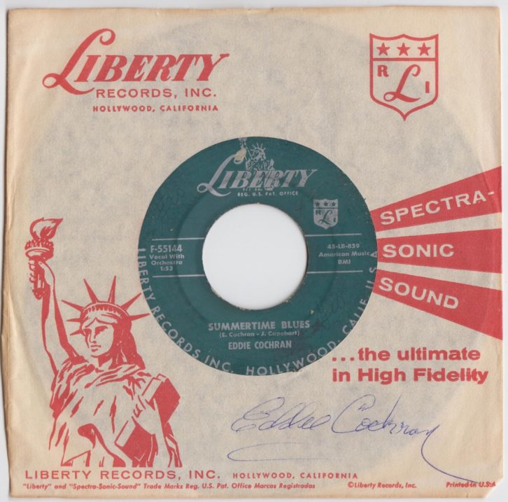 “Summertime Blues” single in Liberty Records sleeve, autographed by Eddie Cochran