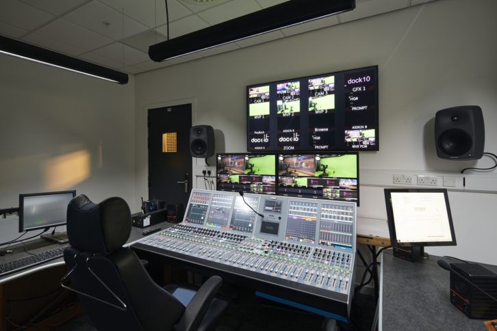 A Calrec Artemis audio console in Dock10's new £1 million remote gallery.