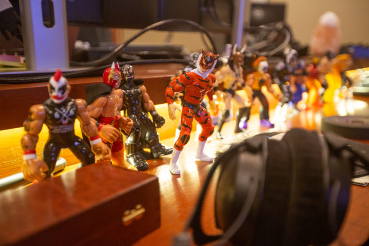 There's always company at Elfman's studio, living above the rack gear credenza.
