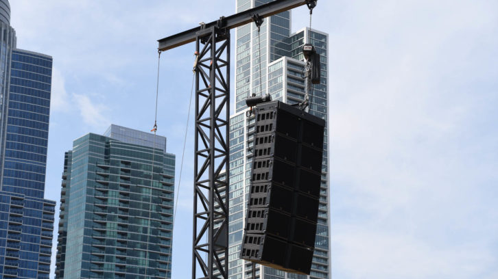 A closeup on one of the six L-Acoustics K1 delay towers for the main T-Mobile stage, extending out into Grant Park in two rings, with three towers in each ring. PHOTO: Thomas Ruffner