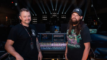 Nate Northway (left) and Charlie Bybee have been mixing FOH and monitors, respectively, on Rise Against’s Nowhere Generation tour. PHOTO: Jenn Curtis