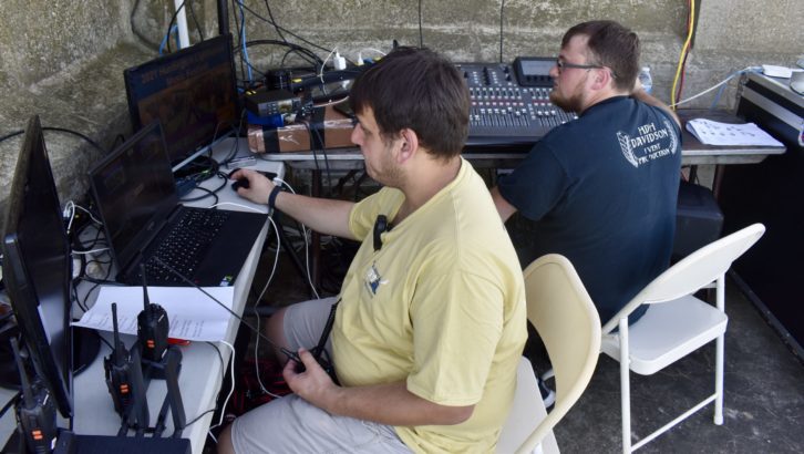 At the Livestream/FOH mix position, Andrew Schild (left) looked after the Facebook livestream while Ryan Damico mixed the festival on a Behringer x32 desk.