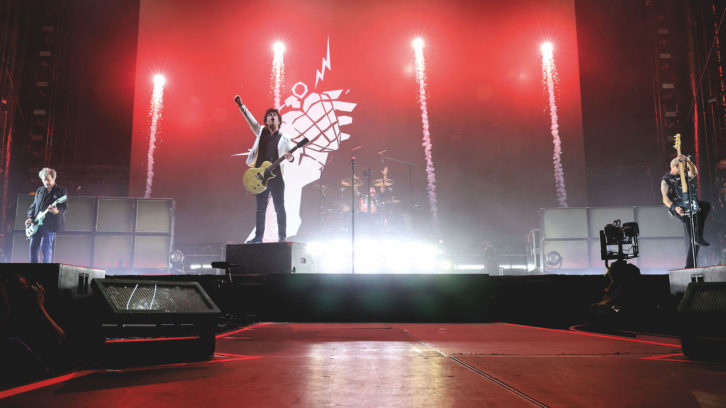 (L-R) Jason White, Billie Joe Armstrong, Tre Cool and Mike Dirnt of Green Day perform during The Hella Mega Tour at Dodger Stadium on September 03, 2021 in Los Angeles, California. (Photo by Kevin Winter/Getty Images)